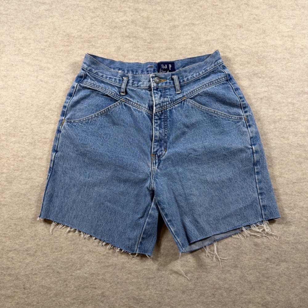 Vintage 90s GAP Denim Mom Shorts Blue High Waist Western Yoke Raw Hem Size 13/14